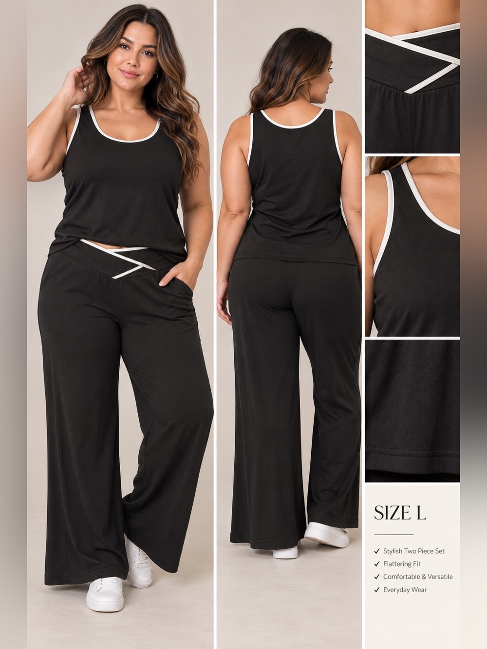 Everyday Wide-Leg Two-Piece Jumpsuit Set - Black